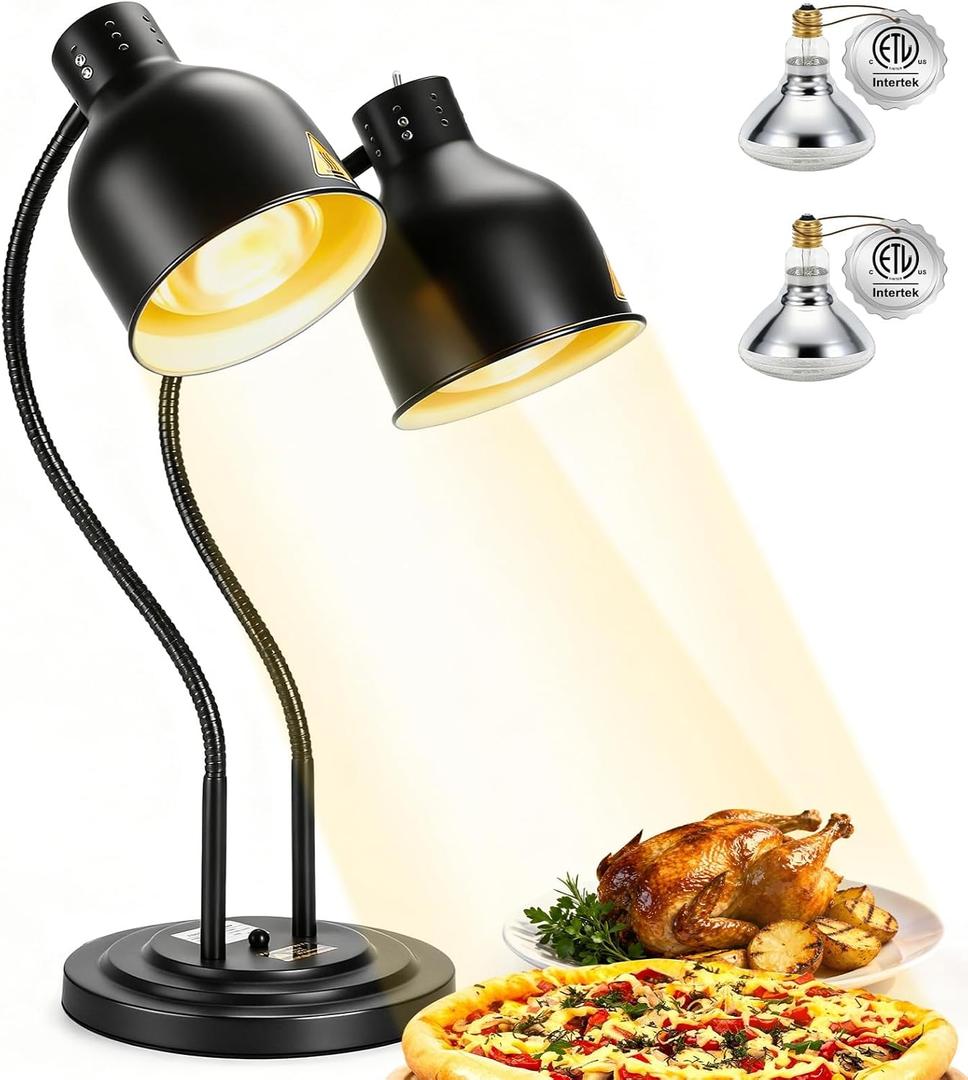 2-Head Heat Lamp for Food - 500W Commercial Food Warmers, Black