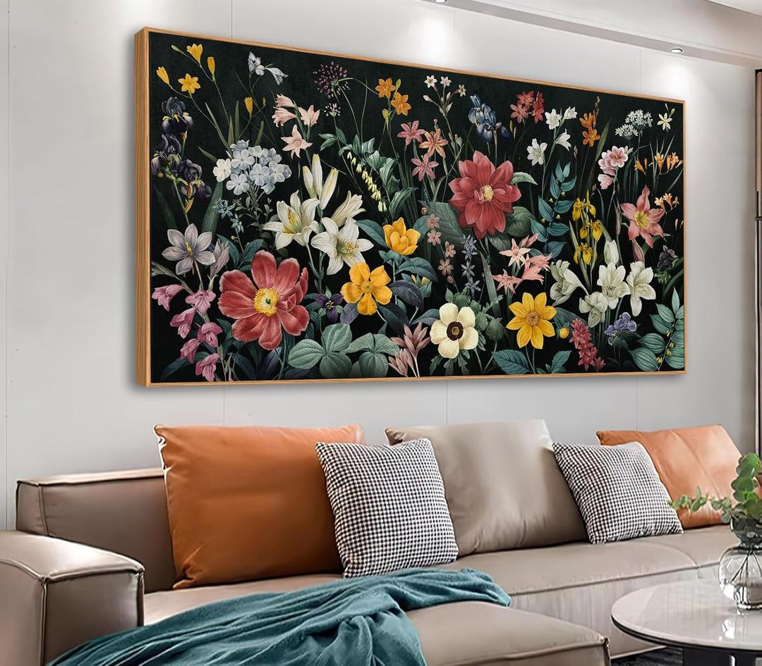 tigeridge Botanical Framed Wall Art - Colorful Flowers Bouquet Canvas Pictures Wall Decor Wildflowers Plants Painting Artwork Blooming Floral Prints for Living Room Decor 58 x 29in, Natural Wood Frame