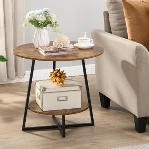 D&H FURNIMMT 20" Living Room Side Table for Small Spaces, 2 Tier Wood Top Round End Tables with Storage Shelf, Accent Sofa Table for Bedroom, Office, Sunroom, Balcony, Rustic Brown/Black