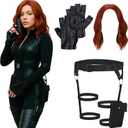 5 Pcs Halloween Black Spider Costume for Women Assassin Red Wig Hairnet Black Gloves Belt Stocks Spy Accessories for Halloween Cosplay