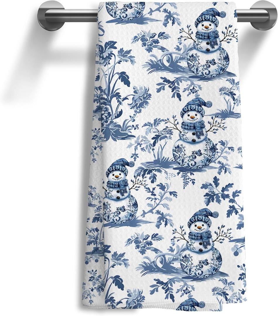 Blue and White Chinoiserie Winter Snowman Kitchen Dish Towels Winter Blue Forest Snowman Hand Towels,Christmas Kitchen Bathroom Decor, 16x24 Inch