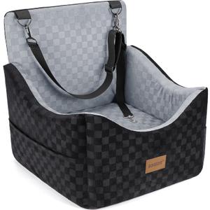 JOEJOY Elevated Dog Car Seat for Small/Medium Dogs up to 35 lbs, Memory Foam Booster Seat with Detachable Washable Cover, Travel-Safe Car Bed with Safety Belts & Storage Pockets, Grey, Medium