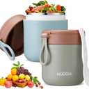 Bokon 2 Pcs 14. 5 oz Portable Insulated Food Jar with Folding Spoon for Hot and Cold Food Stainless Steel Width Mouth Leak Proof Vacuum Thermal Lunch Box for Adult Office Soup Salad Fruit(Green, Blue)