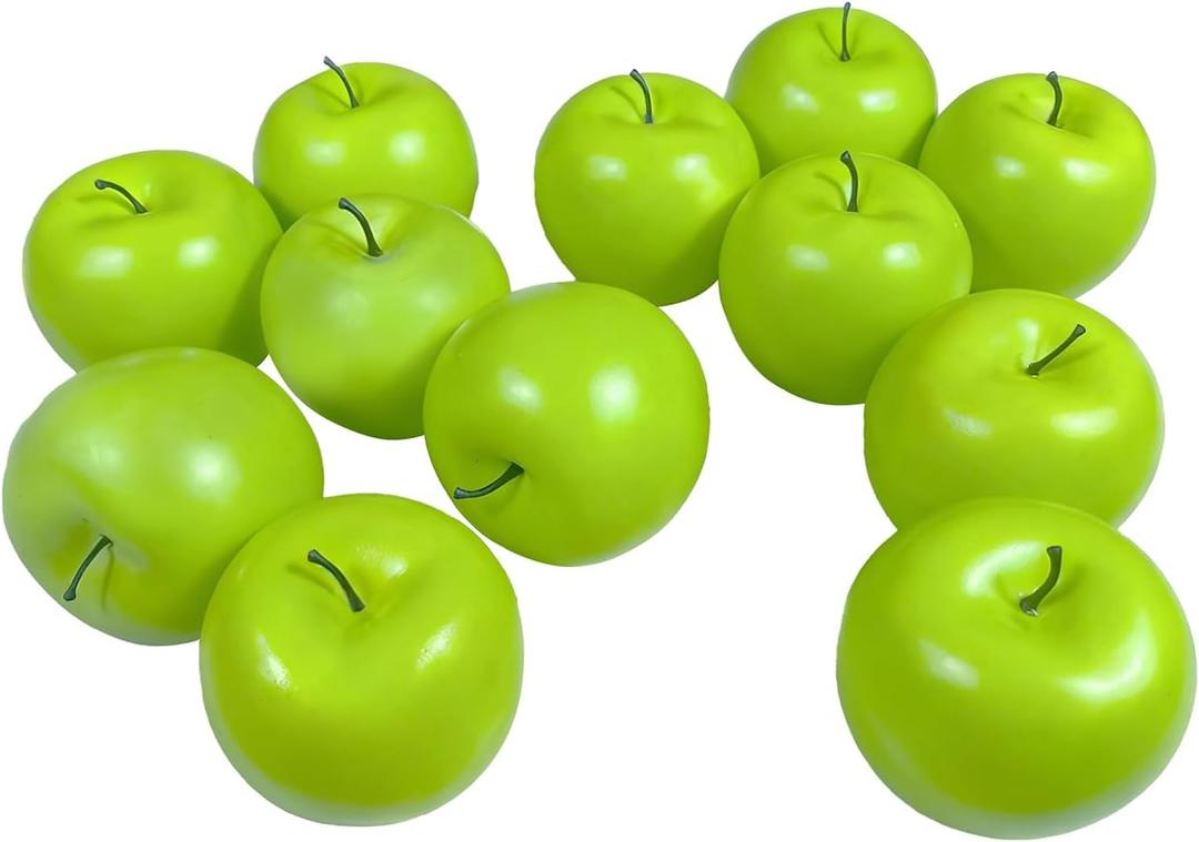 Artificial Apples, Set of 12 Fake Fruits for Home Decor - Realistic Faux Apple Kitchen Counter Decor, Table Centerpiece Bowl Fillers Decorations - Green