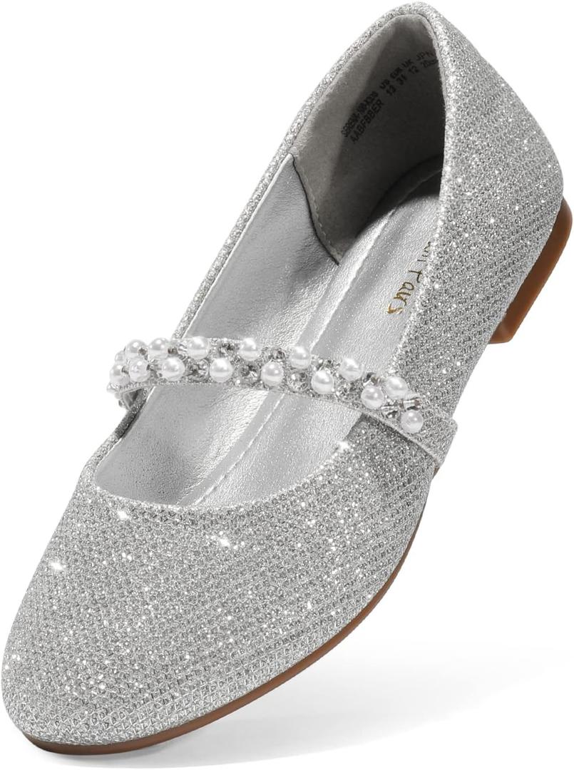 DREAM PAIRS Girls Mary Jane Dress Shoes Ballerina Flats for Wedding, Party (Toddler/Little Kid/Big Kid) (Silver/Glitter), 10