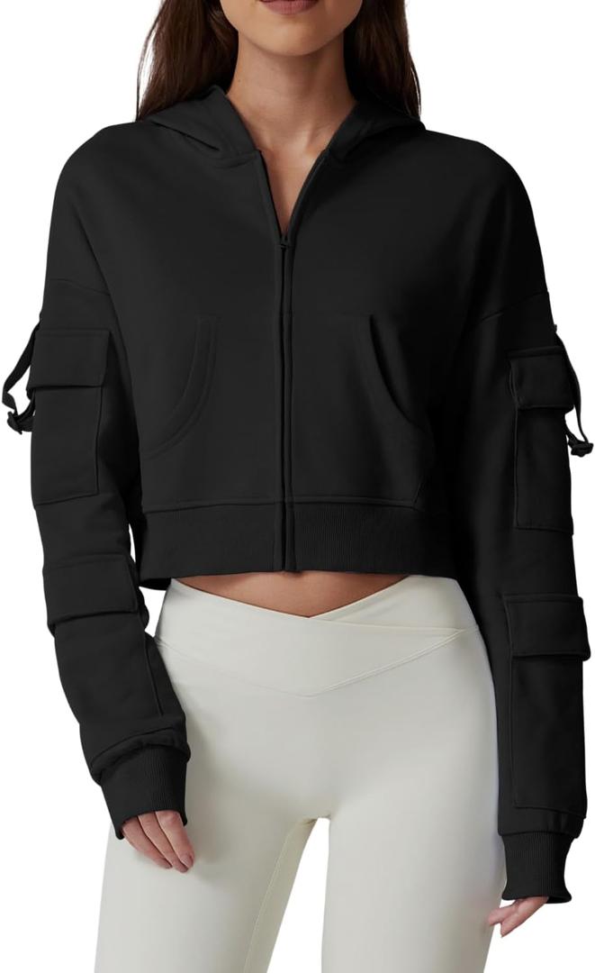 QINSEN Hoodies for Women Full Zip Up Cropped Jacket Long Sleeves with Cargo Pockets Sweatshirts Tops (X-Small, Black)