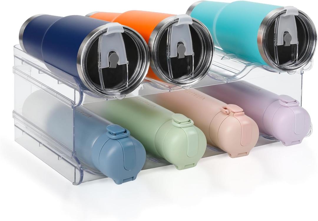 Stackable Water Bottle Organizer, SPOSPO Large Compartment Water Bottle Holder, 2 Tier Clear Water Bottle Organizer for Cabinet, Water Bottle Rack for Kitchen Organization and Storage - Hold 8 Bottles