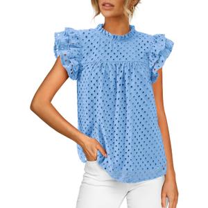 BTFBM Casual Summer Tops for Women 2026 Short Ruffle Sleeves Shirts Crew Neck Hollow Out Lace Embroidered Blouses, Light Blue, Small