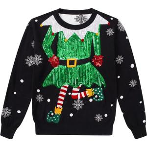 westwolf 5-14 Years Girl Sequin Ugly Christmas Knitted Sweaters for Kids (11-12 Years, F-green Black Red)