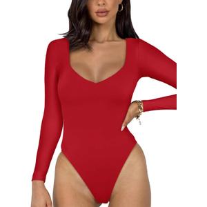 REORIA Women's Basic Sexy V Neck Double Lined Long Sleeve Slimming Going Out Thong Bodysuits Tops (Beige, S)