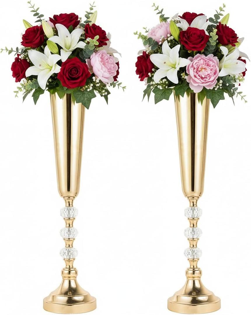 Set of 2 Tabletop Metal Vases for Tables - Decorative Gold Vases for Centerpieces, Trumpet Flower Arrangement Holders for Anniversary Birthday Party Christmas Wedding Home Decor
