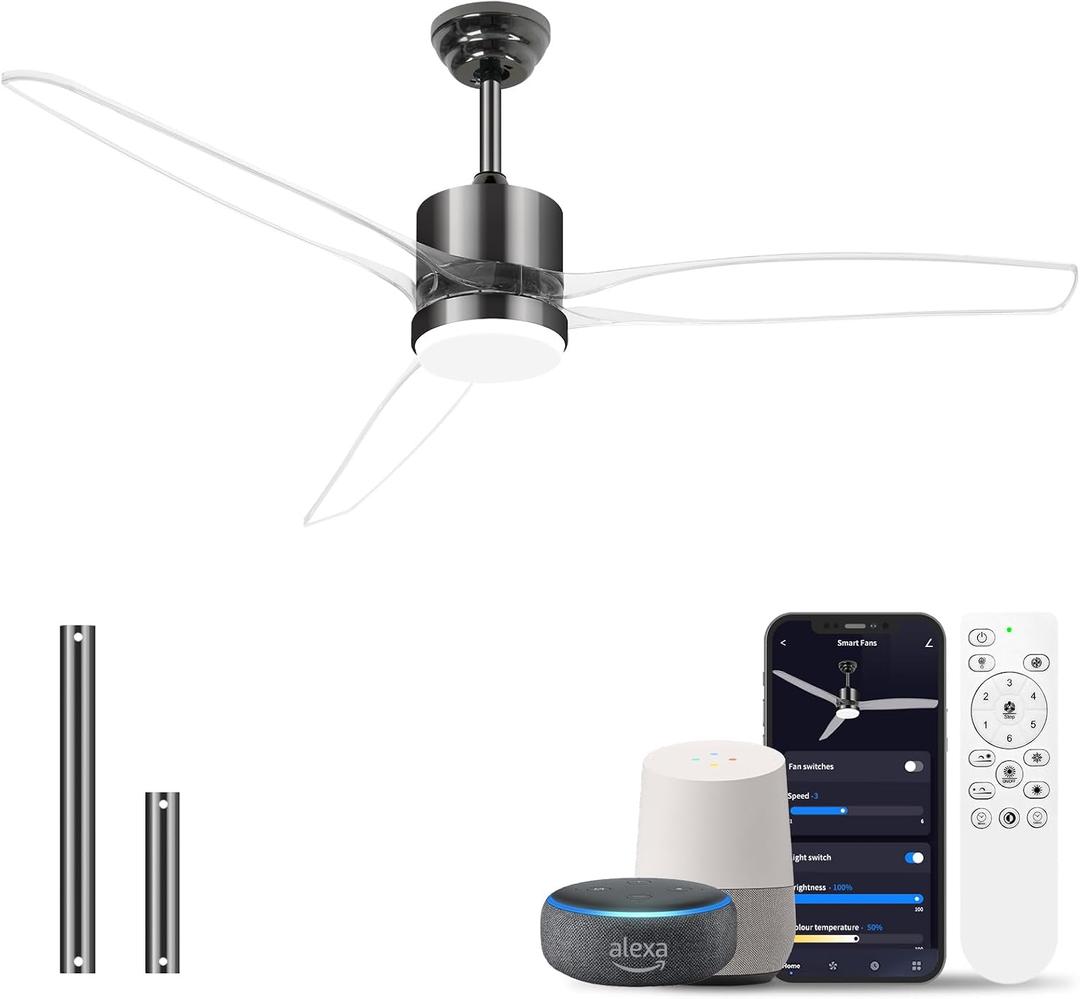 OKELI 52" Smart Ceiling Fan with Light, WiFi Enabled for Alexa & App Control, Reversible Black Modern Ceiling Fan with Dimmable LED Light and Remote, Clear Blades for Living Room Bedroom