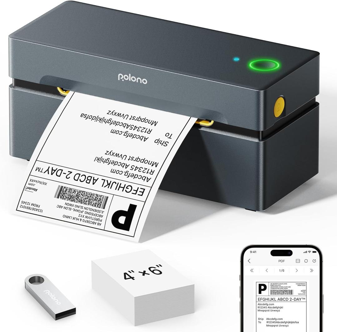 POLONO Bluetooth Thermal Shipping Label Printer, Wireless 4x6 Shipping Label Printer for Small Business, Support iOS, Android, Windows, Mac. Compatible with Amazon, Ebay, Shopify, Etsy, USPS (Grey)