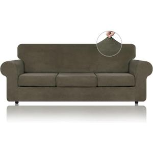 WEERRW 4 Pieces Velvet High Stretch Couch Covers for 3 Cushion Couch Sofa Slipcovers, Washable Furniture Protector with Non Slip Elastic Bottom, Feature Soft and Thick Plush Fabric, Light Brown, Large