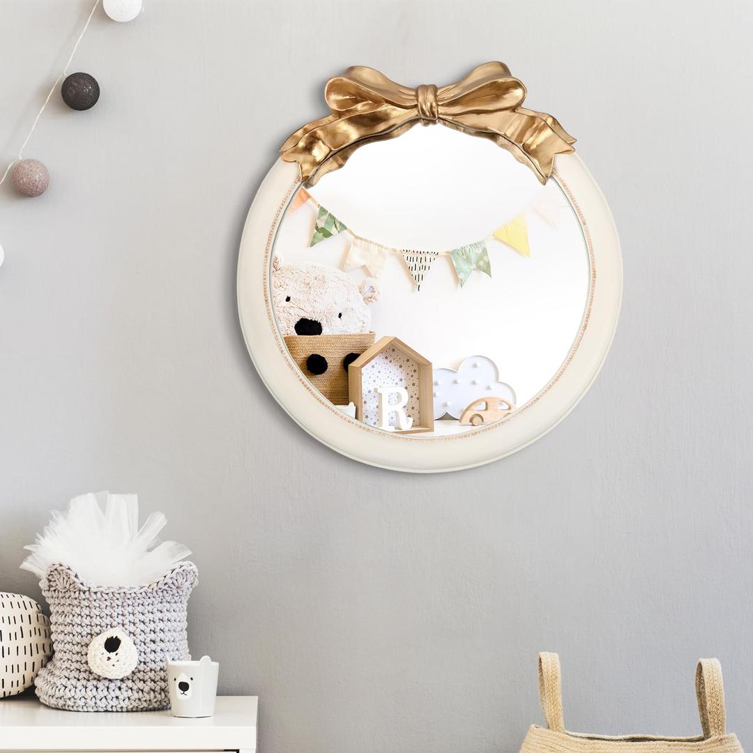 18 Inch Nursery Mirror, Bow Wall Mounted Mirror for Girl Princess Vintage Nursery Decor for Girls Bedroom (White)