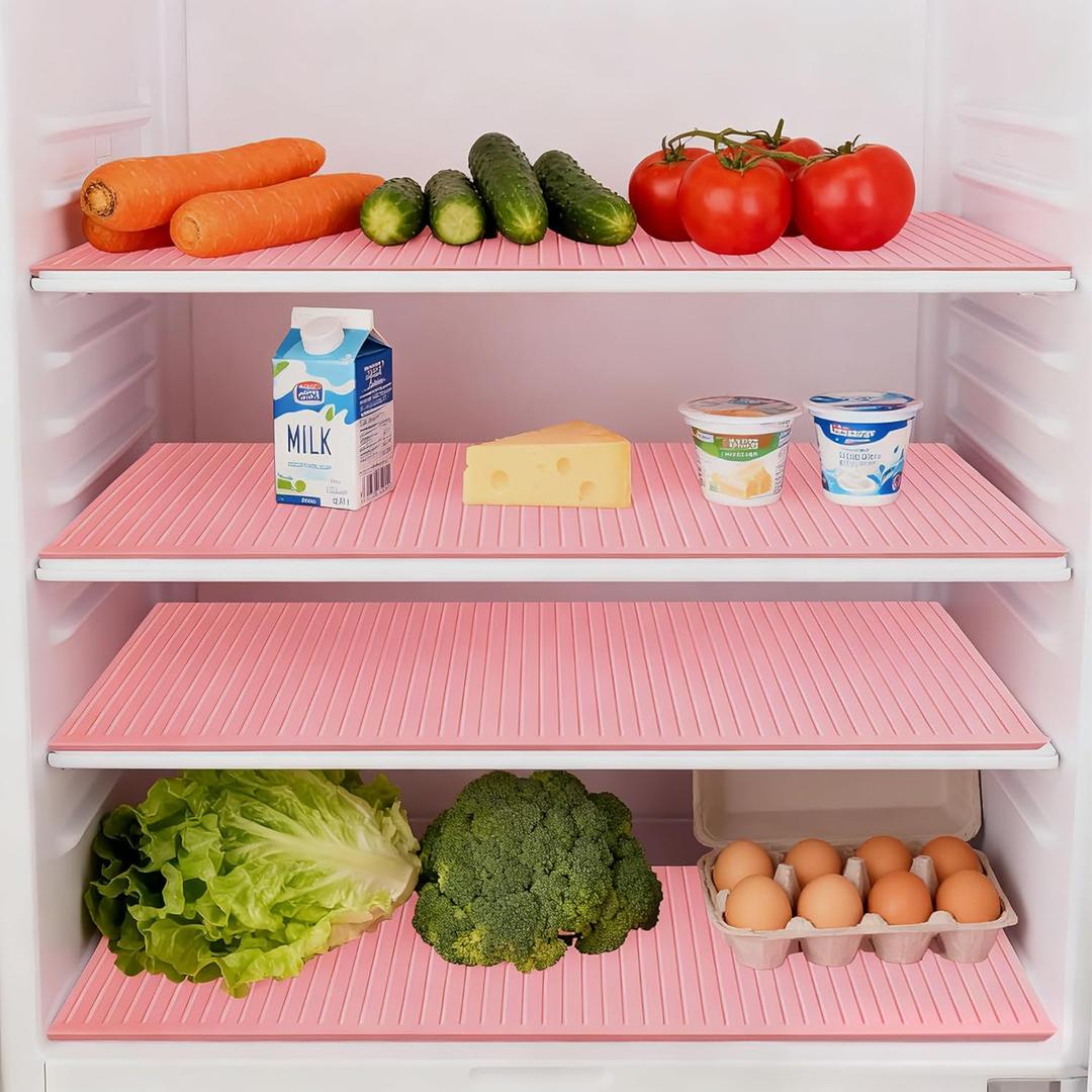 Silicone Kitchen Drawer Liners for Kitchen Cabinets, Against Spills Fridge Liners for Refrigerator Glass Shelves, 4Pack Wire Rack Refrigerator Liners for Shelves, 24" Easy Cut Drawer Cover Pad, Pink