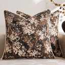 DEZENE Pack of 2 Vintage Floral Throw Pillow Covers 22x22 Boho Farmhouse Accents Chenille Square Decorative Pillow Cases for Living Room Couch Bed Home Decor, Dark Brown