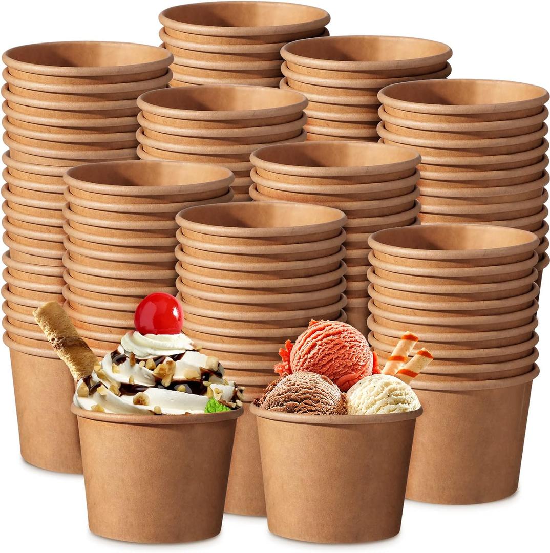 Honeydak 200 Pack Kraft Ice Cream Cups for Party Small Disposable Treat Paper Cups Dessert Snacks Sundae Yogurt Container Wedding Birthday Party Supplies(5 oz,Brown)