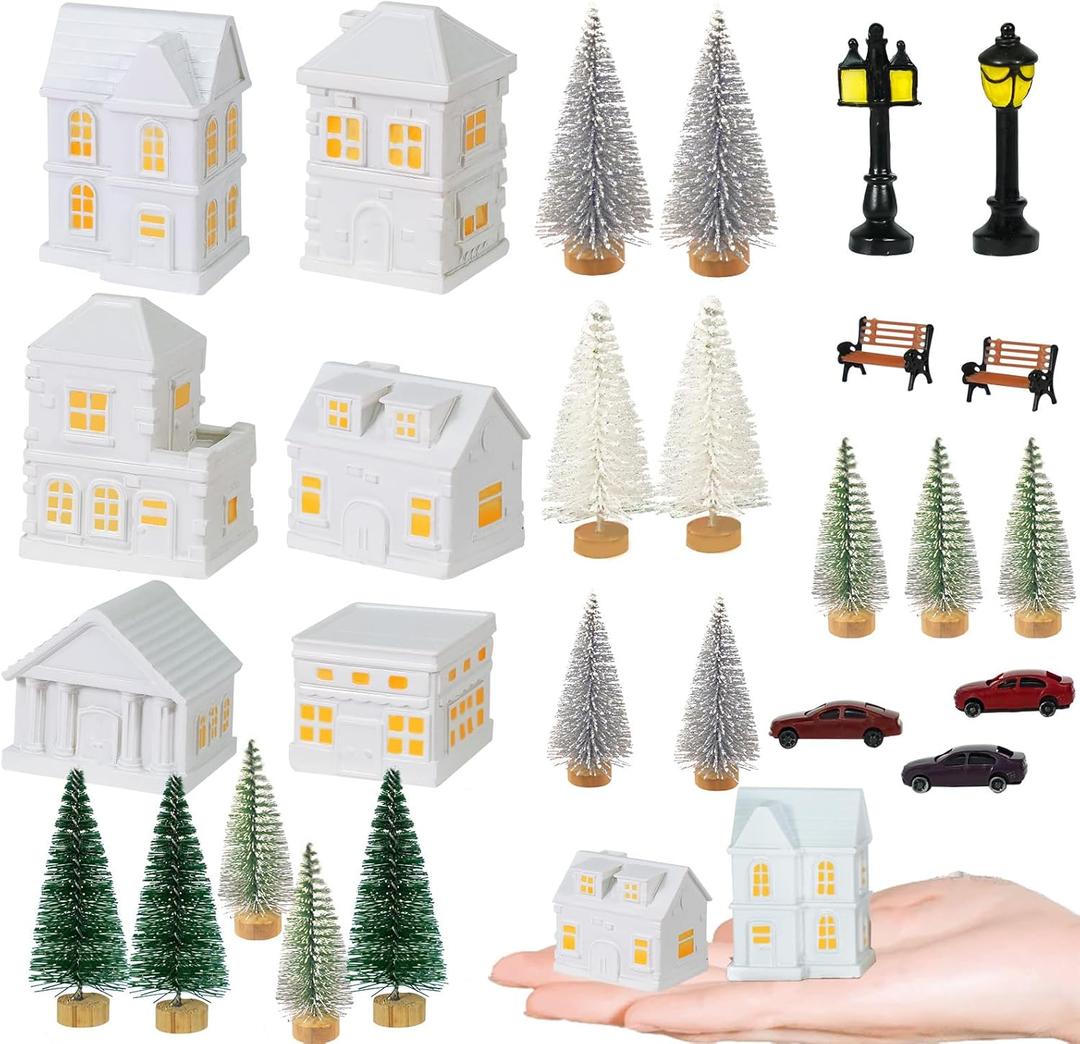 29 Pcs 1.5 Inch Christmas Miniature Houses Figurines Miniature White Resin Houses Christmas Miniature Village Set Christmas Miniature Town for Mini Christmas Scene Micro Landscape Decor