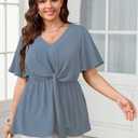 SCOMCHIC 2024 Women's Plus Size Peplum Tops Elegant V Neck Tie Front Bell Sleeve Flowy Blouses Shirts Grayish Blue 3XL