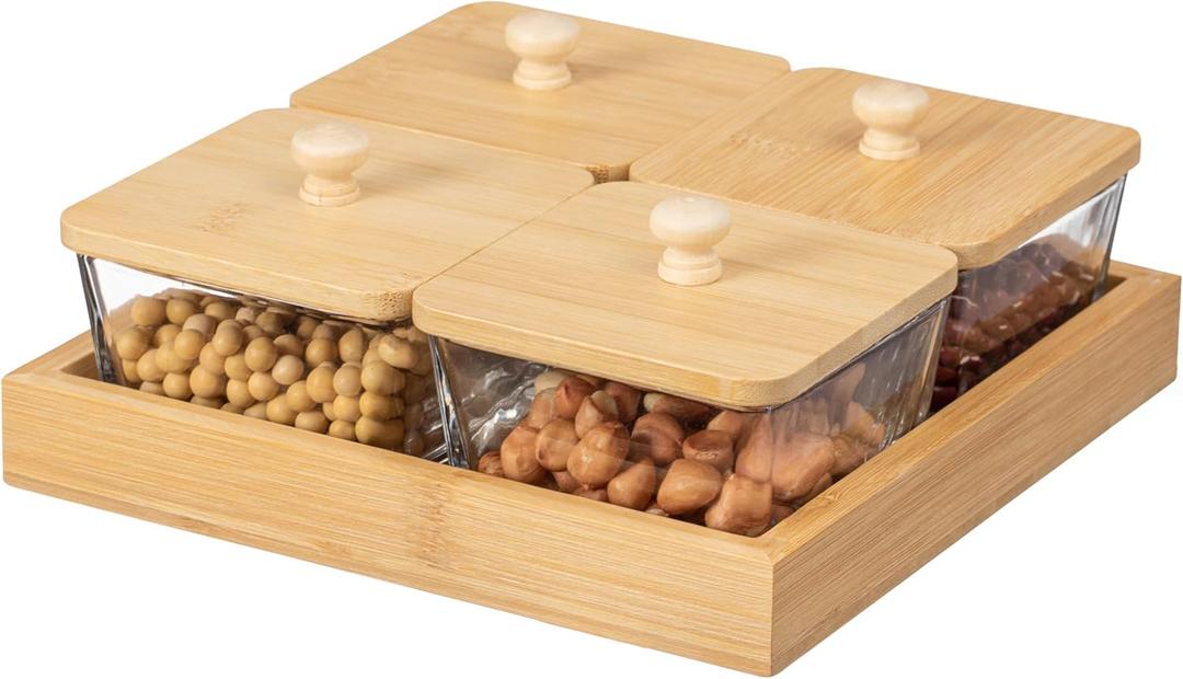Basicwise Set of 4 Square Glass Jars with Bamboo Lids and Wooden Tray  Square Charcuterie, Snack Organizer and Fruit Platter for Party, Candy Jars, Cookies, Nuts, Fruits and Snack Box