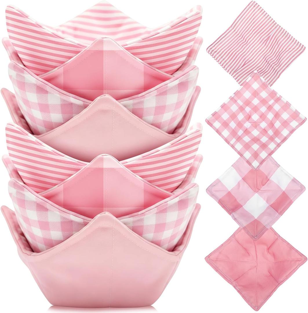 8 Pcs Microwave Bowl Cozy Holders  Valentine's Day Pink Plaid Stripe Polyester Reusable Hot Pads Soup Bowl Potholders Heat Resistant Grip, Housewarming Kitchen Gift for Hot Food Plates