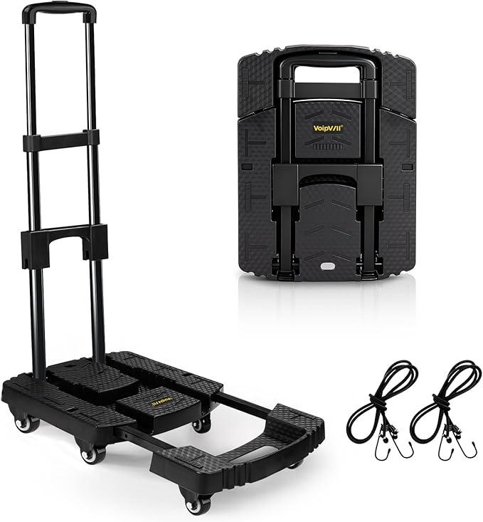 Voipvvii Folding Hand Truck 500lbs, Portable Heavy Duty Dolly Cart, 6 Wheels Collapsible Luggage Cart with 2 Elastic Ropes Compact Trolley Cart for Easy Moving Ideal Hand Cart for Travel and More, Black
