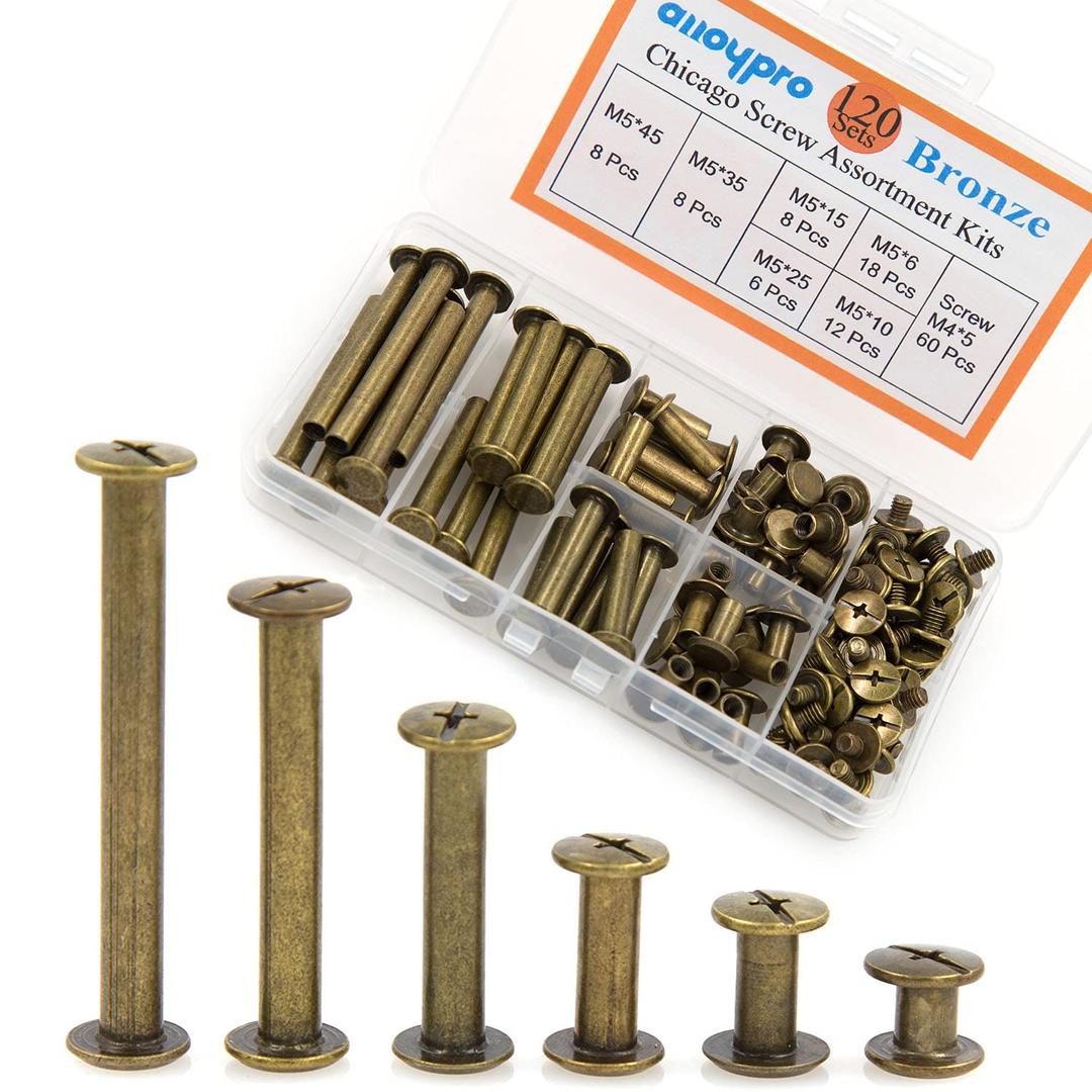 120 Pcs (60 Pair) M5 x 6/10/15/25/35/45 Bronze Phillips Chicago Screws Binding Screw Posts,Scrapbook Photo Albums Binding Screws Assorted Kit 6 Sizes for Leather Saddles Purses Belt Repair