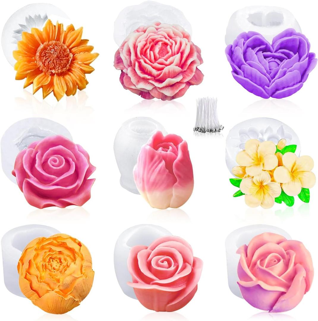 9Pcs Rose Flower Tulip Peony Heart Candle Soap Wax Mold Valentine Day Silicone for Small Butter Candles Chocolate Making Molds 