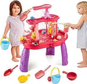 Water Table for Toddlers 3-5 Outdoor Toys for Kids Ages 4-8 3-Tier Kids Sand Water Table with Fishing Game Set Activity Sensory Table Summer Gift Beach Outside Toys for Toddler Girl
