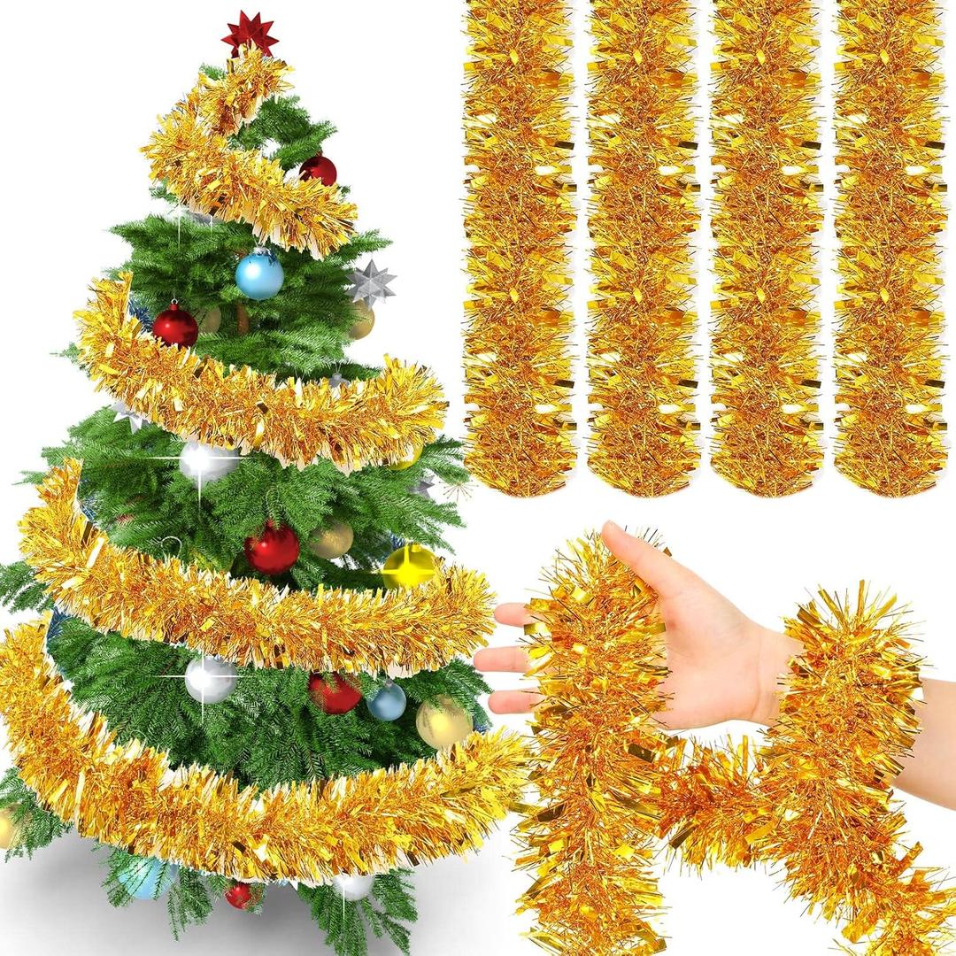 72 Feet Christmas Tinsel Garland Shiny Metallic Tinsel Twist Garland Streamers Ornaments Long Glitter Christmas Tree Hanging Decorations for Party Holiday Wedding Birthday Tree Wall Rail (Gold)