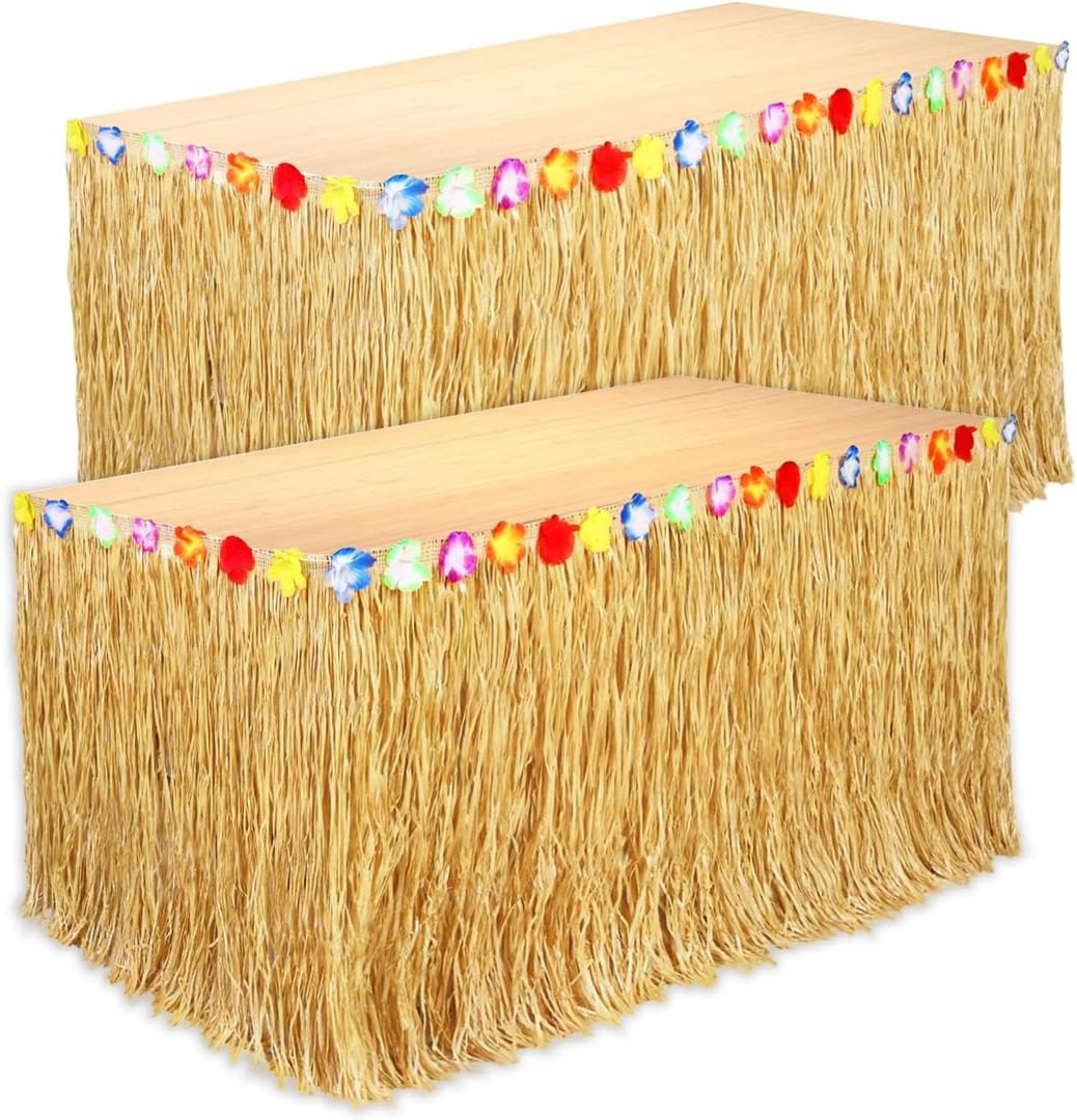 2 Pack Table Skirt Luau Party Decorations, Flower 53.2" X 29.5" Grass Table Skirts for Luau Party Summer Tropical Hawaiian Party Decorations (A-2 Pack)