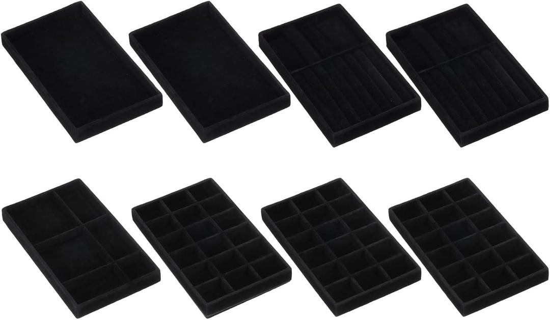 uxcell 8PCS Jewelry Organizer Tray Stackable, Wooden Jewelry Containers Velvet Drawer Organizer Inserts Holder for Earrings Necklaces Rings Bracelet (8" x 5" x 1" Black)