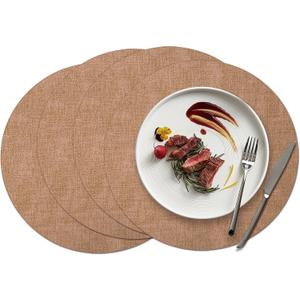 15 inch Faux Leather Round Placemats Set of 4 Non-Slip Washable Wipeable Table Mats, Heat Resistant Waterproof Oilproof Brown Place Mats for Kitchen, Dining, Party, Indoor, Outdoor