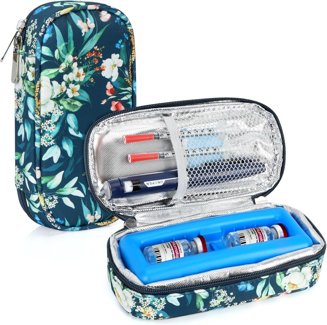 YOUSHARES Insulin Vials Cooler Travel Case - TSA Approved Diabetic Medication Vial Cooling Bag with Protective Ice Brick, Refrigerated Diabetes Supplies Organizer, Small Bottle Carrying Storage (01_camellia)