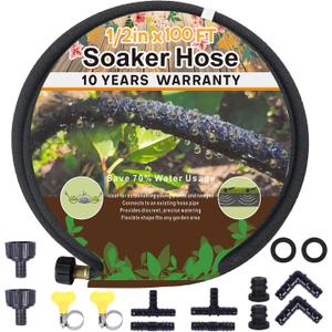 1/2 Soaker Hose 100 ft for Garden Beds, Heavy Duty Soaker Hoses with Kits for Water Saving, Rubber Garden Watering Hose 100 Foot Drip Irrigation Hose System (100 feet)
