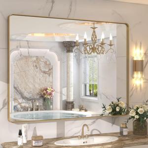 CHARMOR 44x36 Gold Framed Mirror for Bathroom, Brushed Gold Brass Bathroom Mirror, Rectangle Gold Bathroom Vanity Mirror for Wall, Shatterproof, Anti-Rust, Hangs Horizontally or Vertically