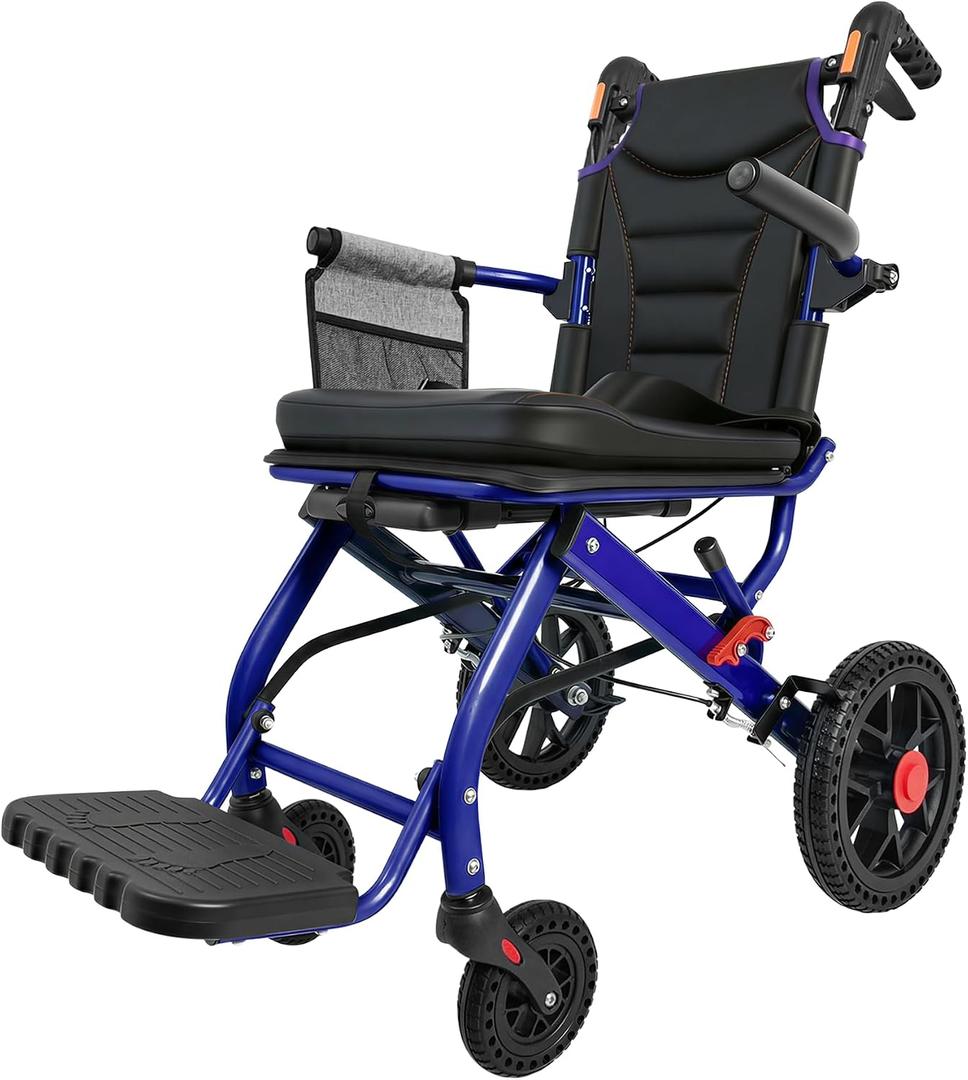 Ultra Lightweight Folding Wheelchair for Seniors & Adults, Portable Transport Chair, 12" PU Rear Wheels, Supports 300lbs, Compact for Daily Use & Travel, Blue