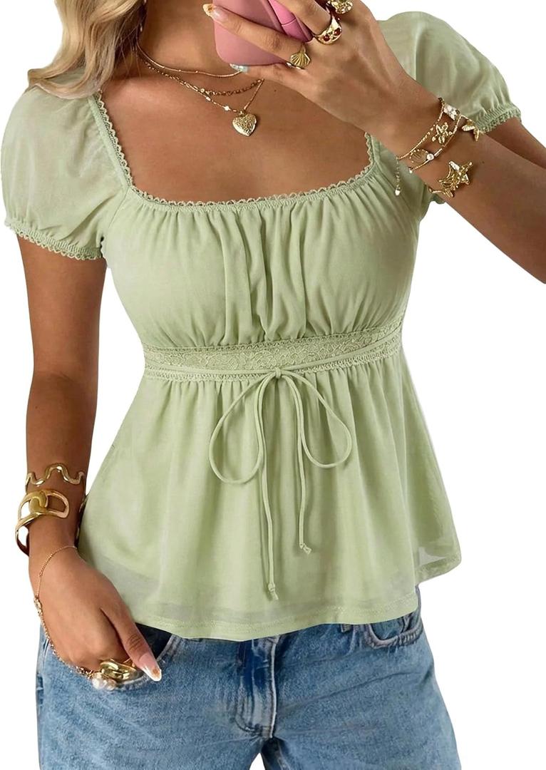 SOLY HUX Women's Square Neck Short Sleeve Peplum Tops Tie Front Summer Teen Girls Babydoll Top T Shirt (Green, XL)