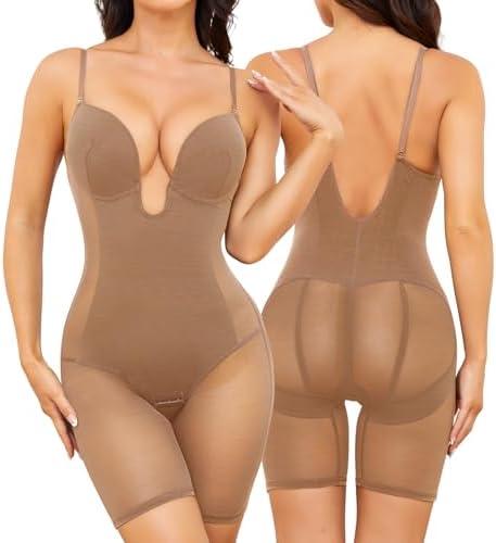 Slimers Body Shaper for Women Tummy Control U Plunge Backless Full Body Shapewear Mid Thigh Mesh Strapless Bodysuit Top L