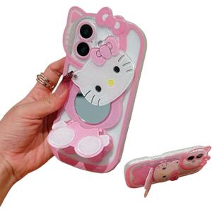 Anime Cat Case for iPhone 16,Phone Holder Stand with Makeup Mirror, Kawaii Phone Cases, Cool Unique Protective Cover for Women (Pink)