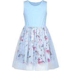 Vieille Girl Dress Casual Sleeveless Tutu Tulle Sundress for School Party (Blue)