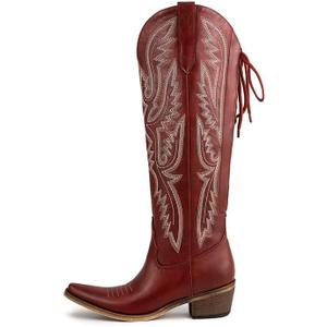 Atuelang Western Cowboy Boots for Women Knee High Wide Calf Lace Up Embroidered Cowgirl Boots (10)