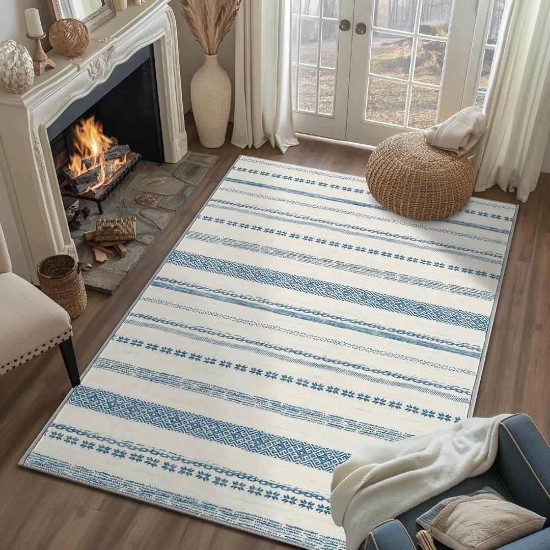 jinchan Moroccan Boho 3x5 Area Rugs for Entryway - Machine Washable Soft Throw Rug Bohemian Design Non-Slip Carpet for Entrance Living Room Kitchen Bedroom (3x5', Blue)