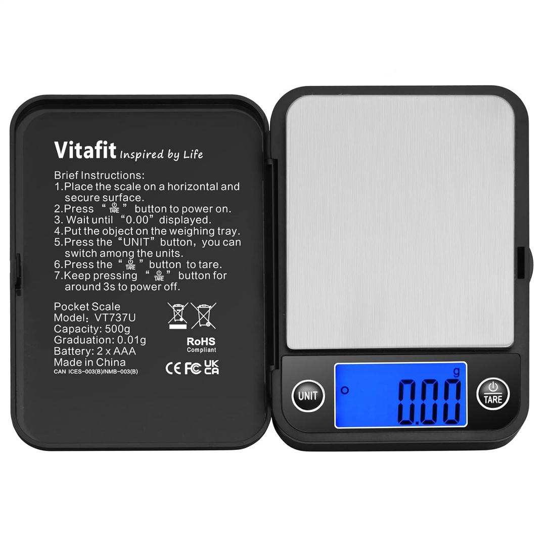 Vitafit 500g Digital Pocket Scale,High Accuracy Assured by Scale Professional Factory Since 2001, Gram Scale 0.01g for Multifunction: Lab,Food, Kitchen,Coffee,Jewelry; Black