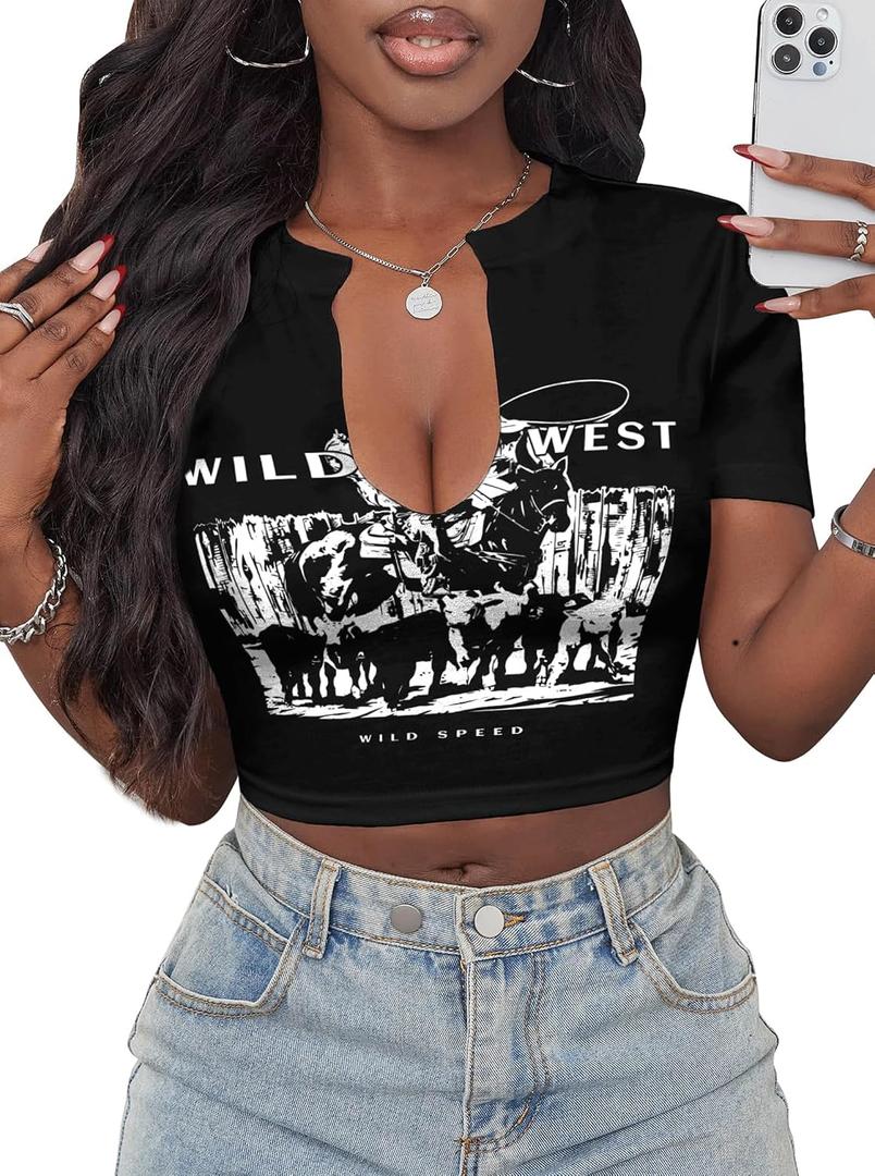 Hilinker Women's Sexy Graphic Crop Tops Short Sleeve V Neck T Shirts Summer Tees (Black, M)