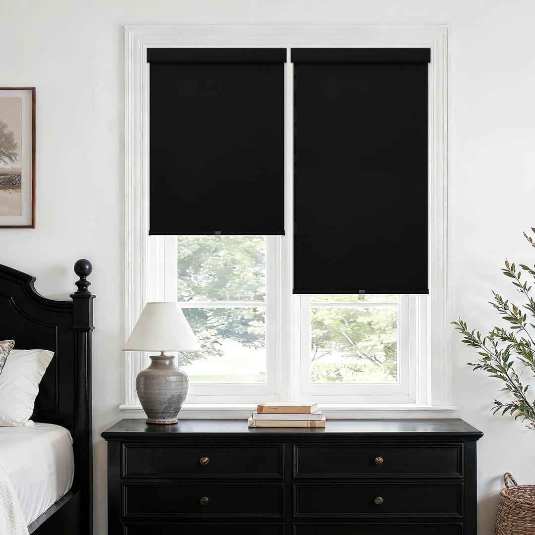 100% Blackout Cordless Roller Shades for Bedroom Free-Stop Blinds with Valance UV Protection Black Out Linen Shades Blinds for Indoor Bathroom Windows Living Dining Room Black W26xH72