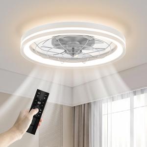Low Profile Ceiling Fan with Light and Remote Bladeless Bedroom Fan Light, 20 in Small Flush Mount Dimmable Modern Enclosed Ceiling Fans for Small Room - White