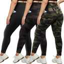 HLTPRO 3 Pack Plus Size Leggings for Women(X-Large - 4X)- High Waist Stretchy Soft Pants for Workout Running Yoga (Pockets Black/ Green Camouflage/ Splinter)