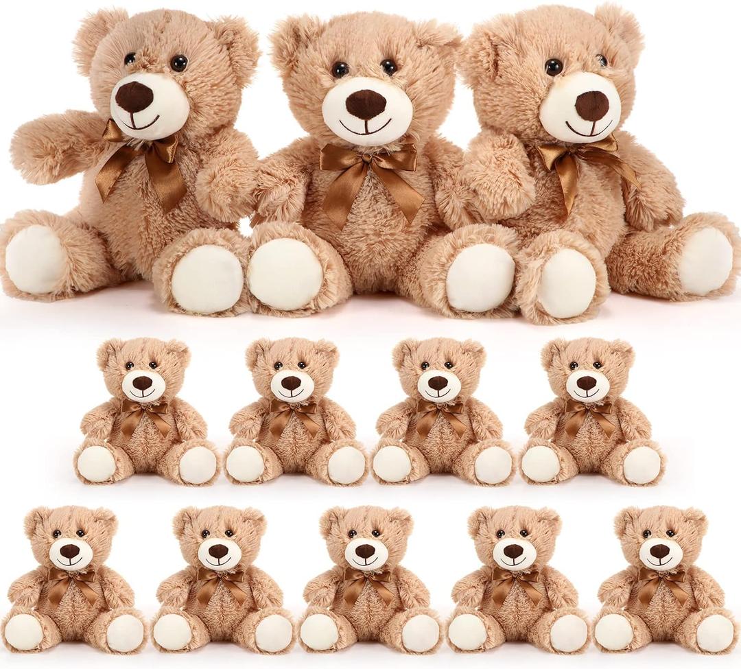 HyDren 12 Pieces Valentines Bears Stuffed Animals Soft Plush Toy Bears for Birthday Party Easter Wedding Baby Shower Christian Charity Donation Supplies(Light Brown)